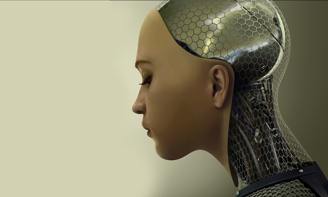Close up of the highly advanced humanoid A.I., Ava, in the film, Ex Machina