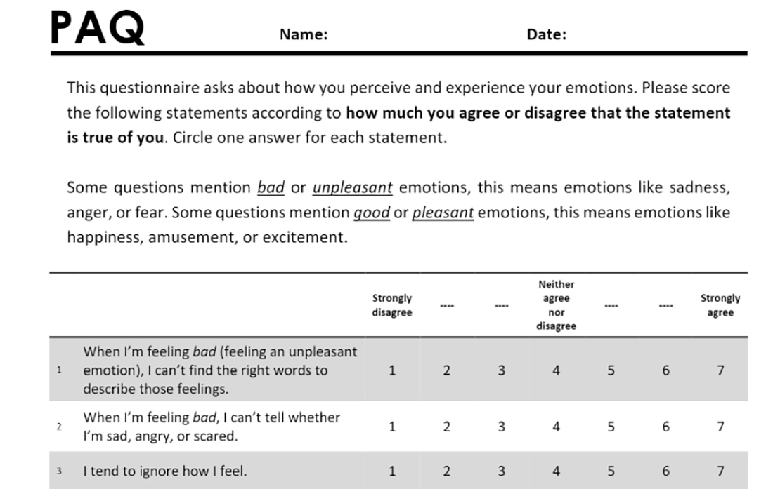 Sample text from the The Perth Alexithymia Questionnaire