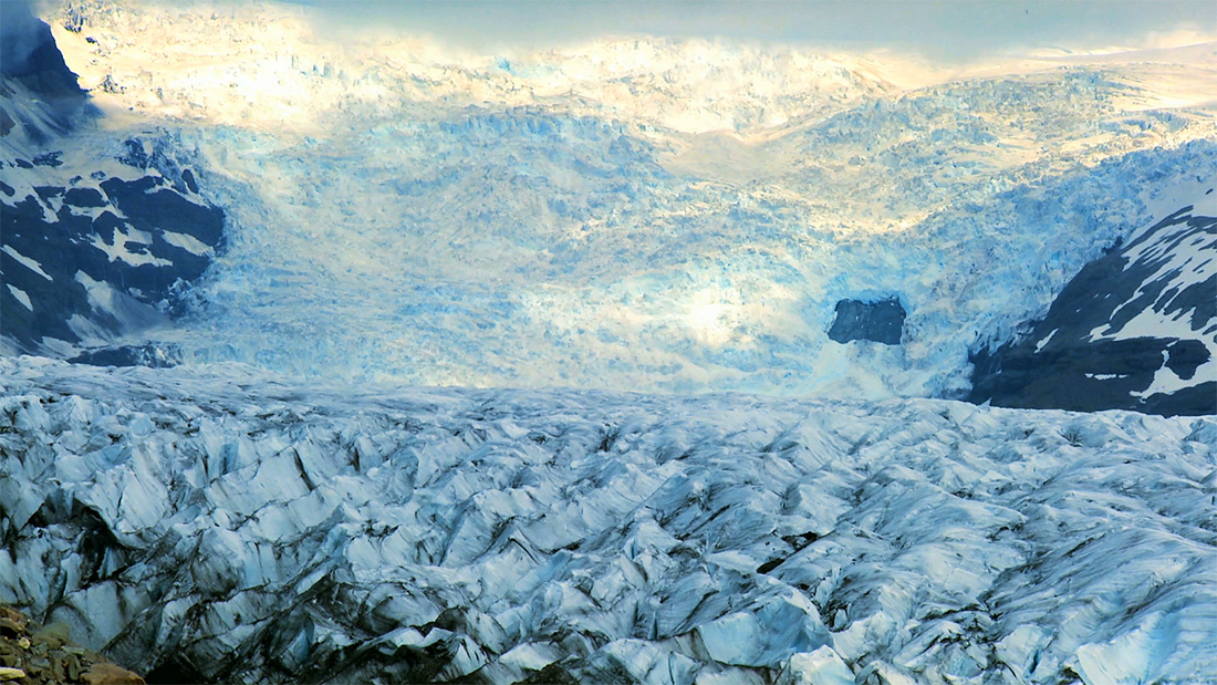 A glacier landscape covered in ice and snow