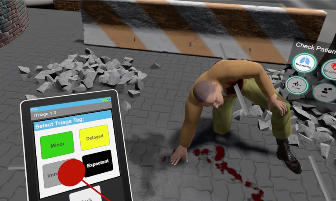 Virtual reality screen capture of mass casualty situation where a man has been impaled by a pole