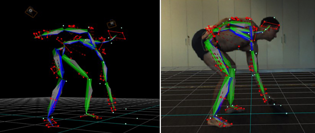 Two images showing motion capture of a person bending down, where movement is depicted by different coloured light