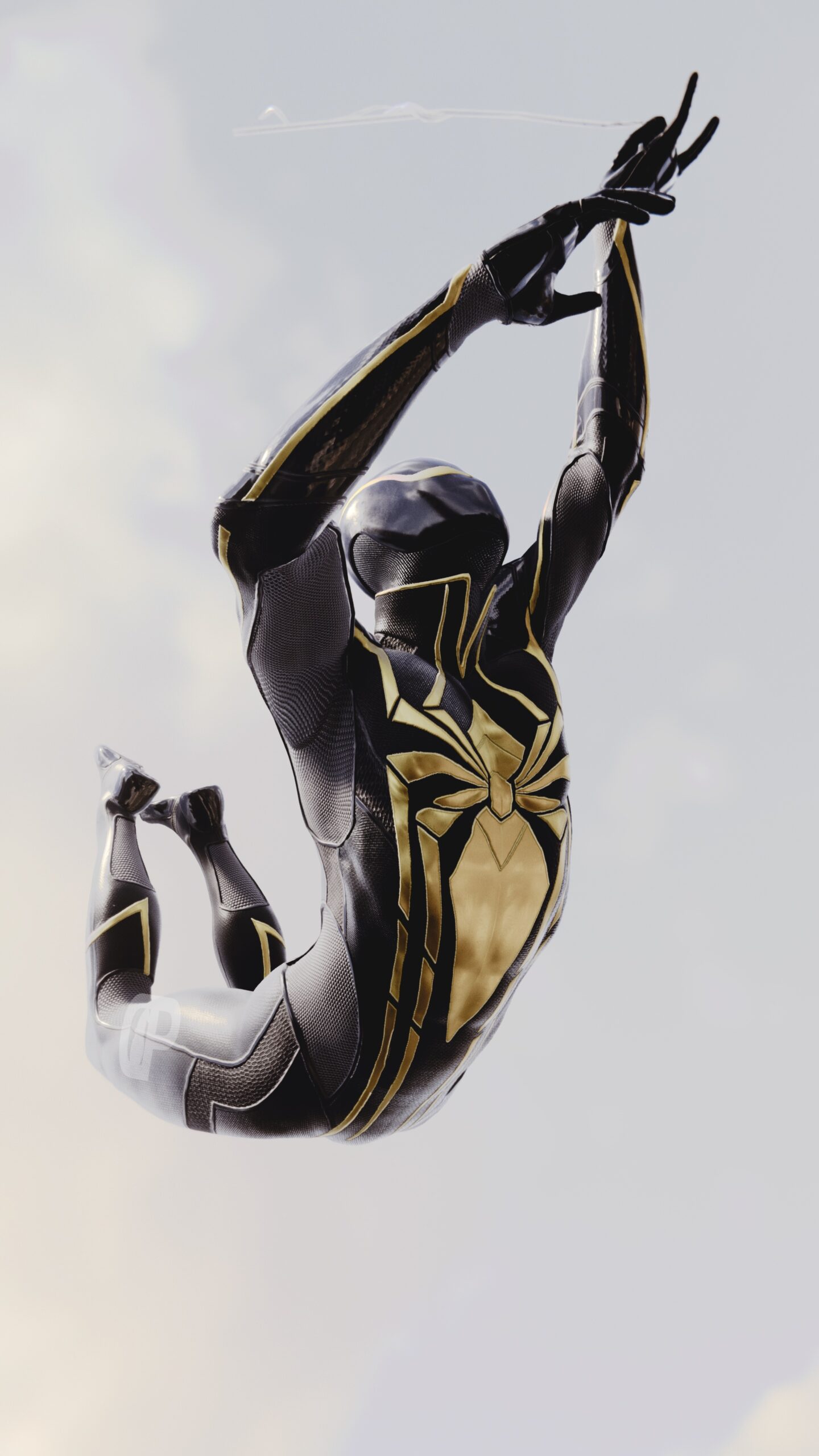 In-game photograph of black and gold spiderman swinging through the air