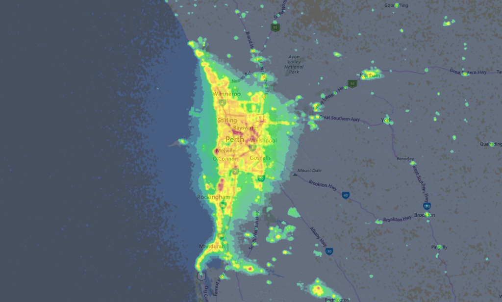 Light pollution map of Greater Perth area