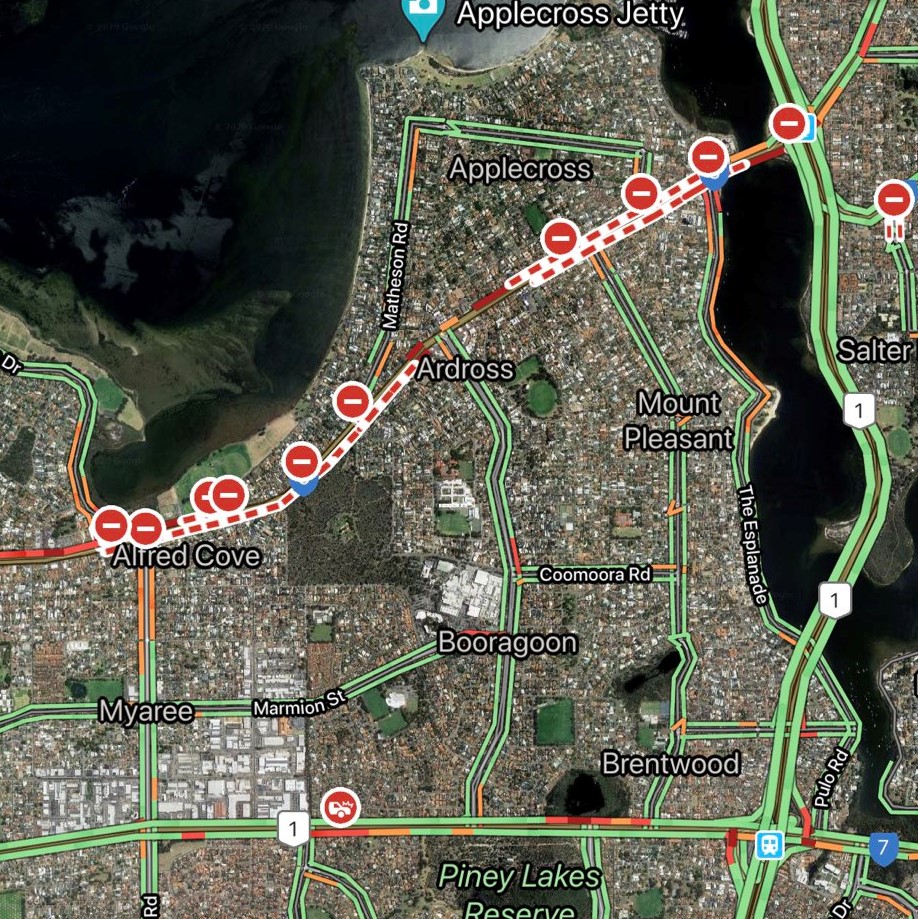 Screenshot of Google Maps showing Canning Hwy closures during the Highway to Hell event