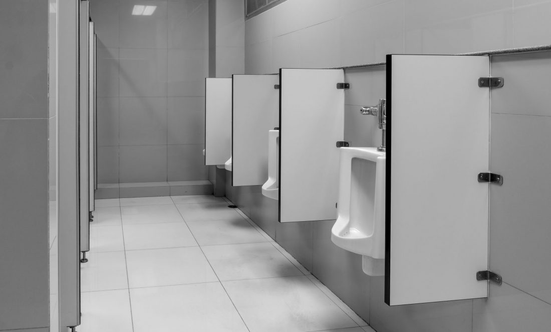 Public toilet with urinals and urinal screens