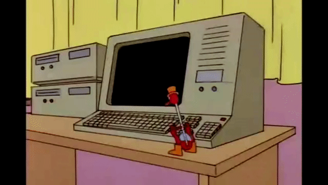 Cartoon gif of a drinking bird being used to press a computer keyboard - The Simpsons