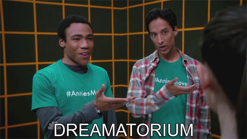 A gif from the TV series, Community, showing Troy and Abed introducing Annie to their 'Dreamatorium'