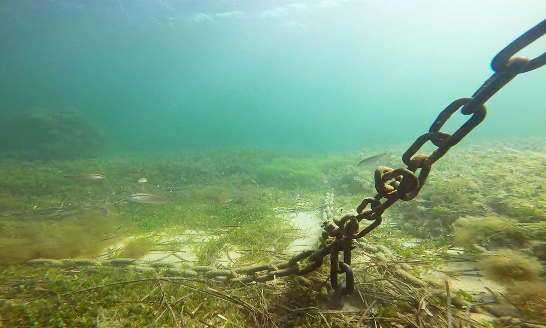 A large mooring anchor off Rottnest Island sits in damaged seagrass