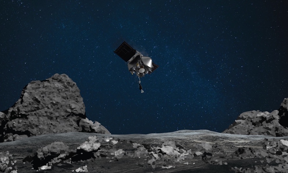 Artist's rendering of the OSIRIS-REx spacecraft descending towards Bennu; the surface is shown as grey and rocky