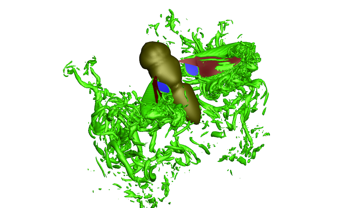 Mapping how air moves around a hoverfly's wings - the hoverfly is dark green and the air movement is shown as neon green squiggles