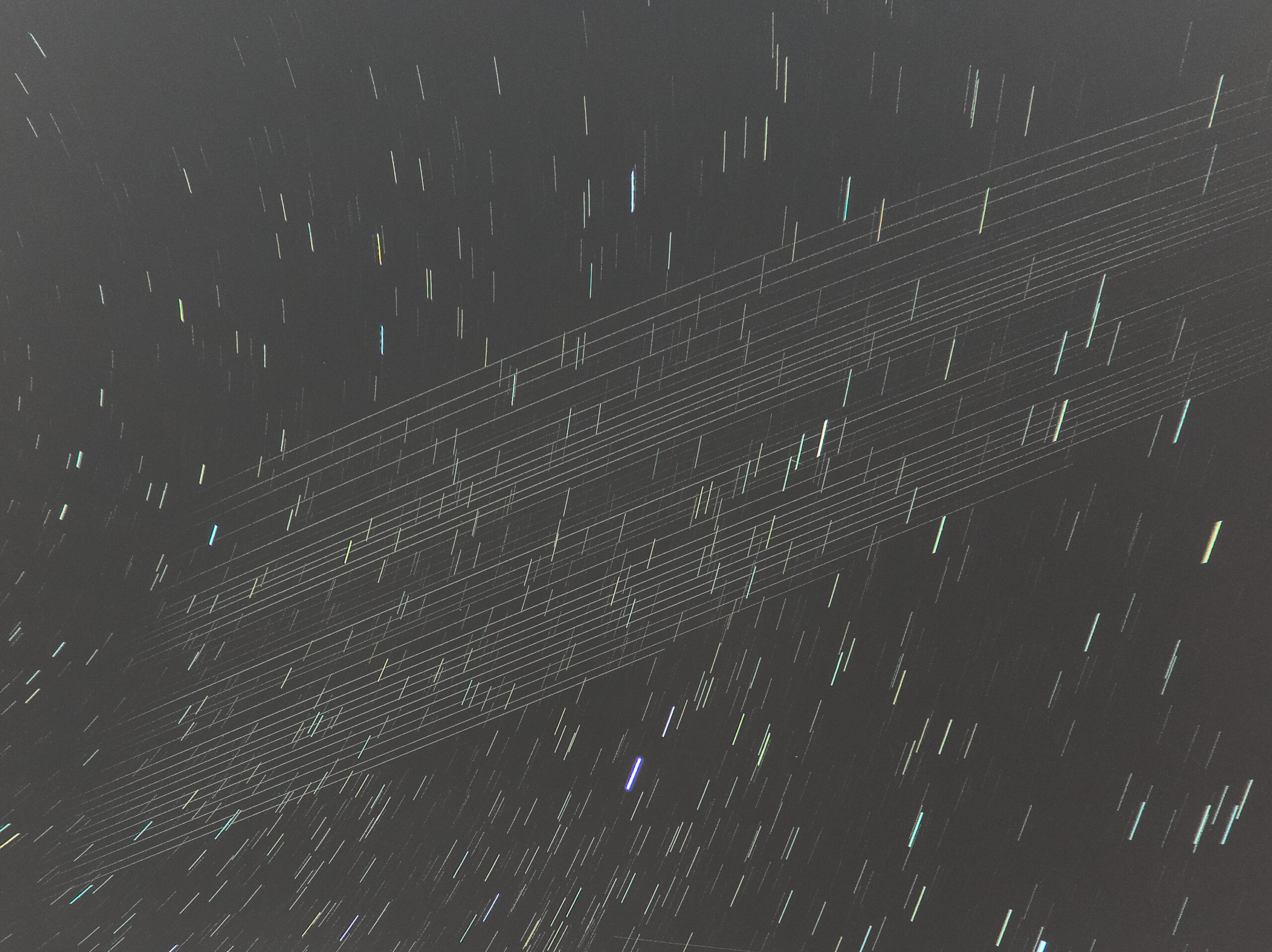 Starkink satellites trails on the night sky as seen from Cordoba, Argentina on Mat 6th, 2020.