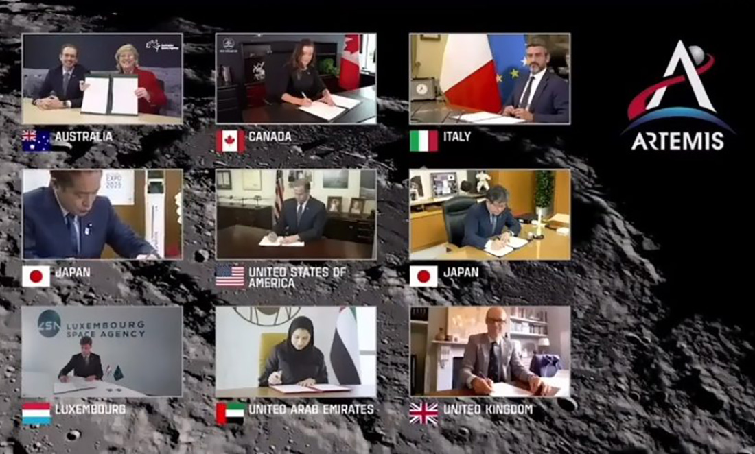 A composite showing nine countries signing the Artemis Accords