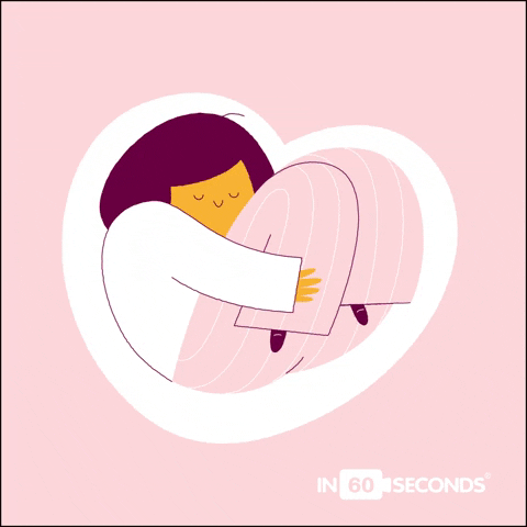AN animation showing a person curled up, and hugging themselves