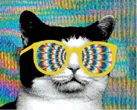 A flickering gif of a black and white cat wearing psychedelic sunglasses