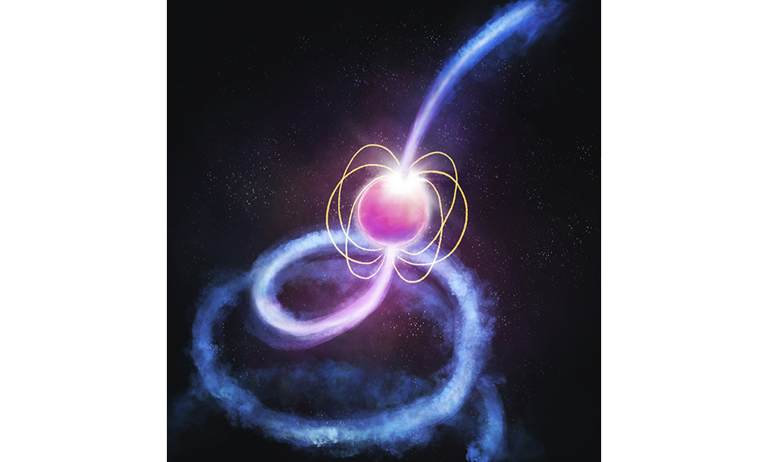 An artist's impression of Pulsar - a bright pink orb of light surrounded by a blue spinning line of light