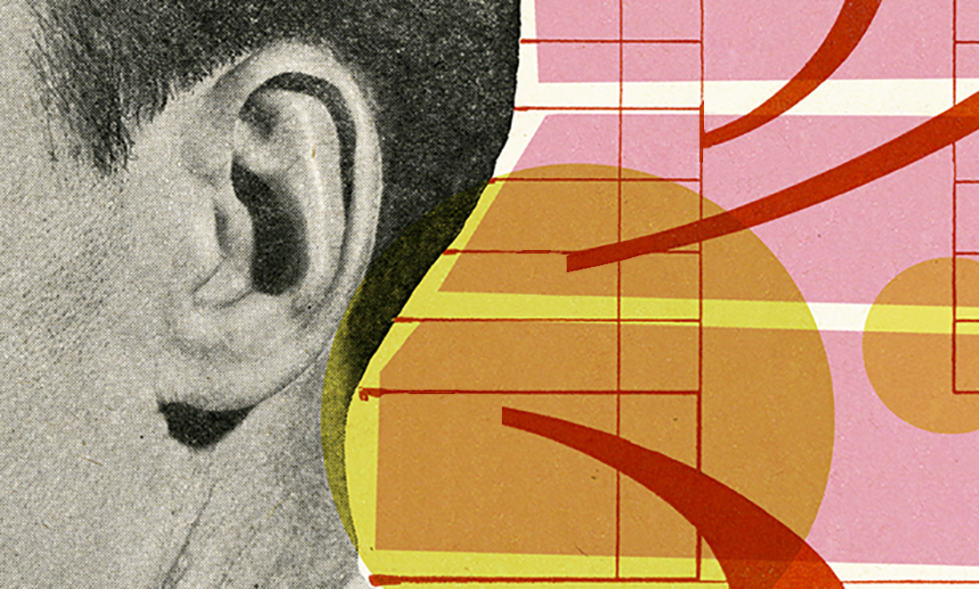 Illustration showing a man's ear, our ears give off alcohol fumes in the same way as our breath. The vapour is shown as three curved, red lines.