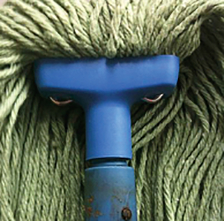 A blue-handled mop with green mop strands creates the illusion of an 'angry face'