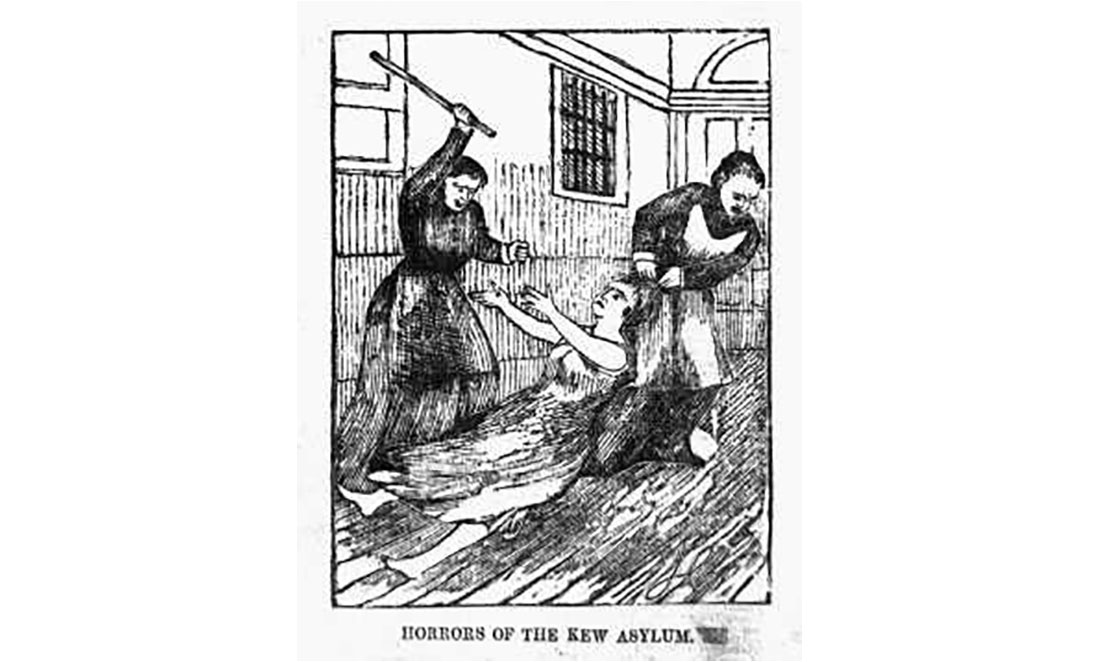 Woodcut of Kew Asylum 1876; the caption reads "Horrors of the Kew Asylum"