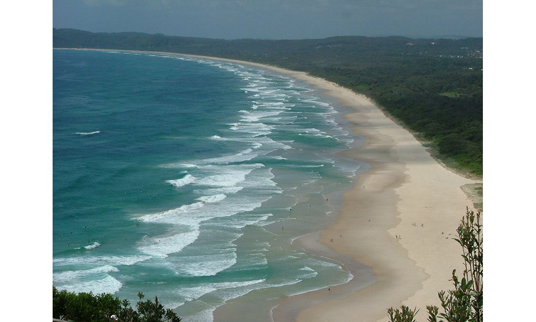 A photo showing the many rip currents along Tallow Beach in Byron Bay