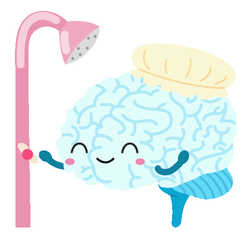 Animated gif of a cartton brain, wearing a shower cap and standing under water