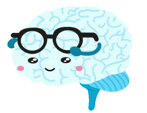 Animated gif of a cartoon, light blue brain lifting its glasses up to see better