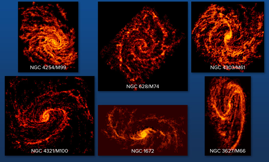 Six ALMA-imaged galaxies out of a collection of 74; they show the spiral pattern of galaxies in a bright orange-red colour