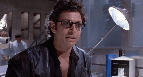 Animated gif og Ian Malcolm (played by Jeff Goldblum) from the 1993 movie, Jurassic Park, saying 'Well, there it is