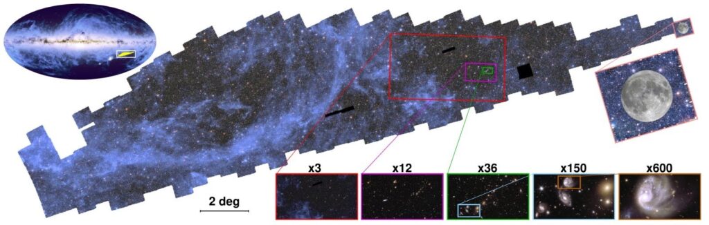 Mosaic of Euclid images showing successive detail of the distant galaxies.