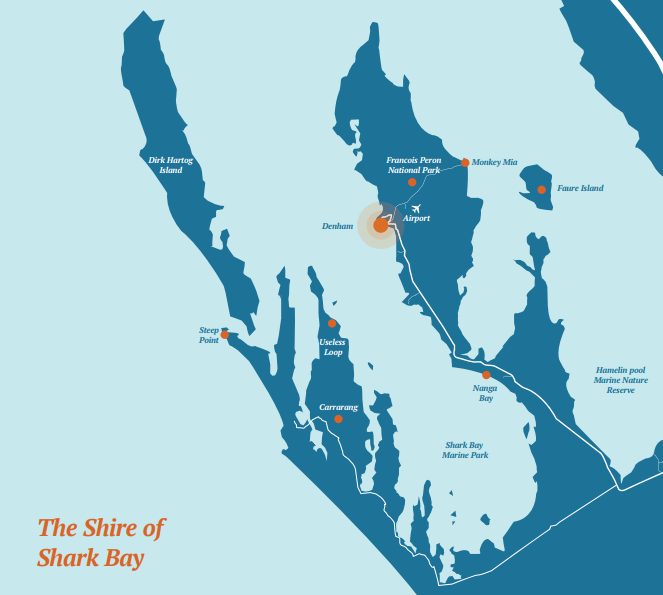 A map of the Shire of Shark Bay

Location of Wirruwana in relation to Gutharraguda and other prominent areas of Malgana Country. 
